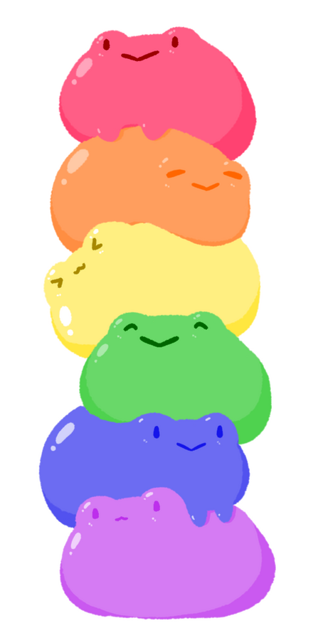 Rainbow Frog Stack (2024) A pile of blobby frogs in rainbow colors