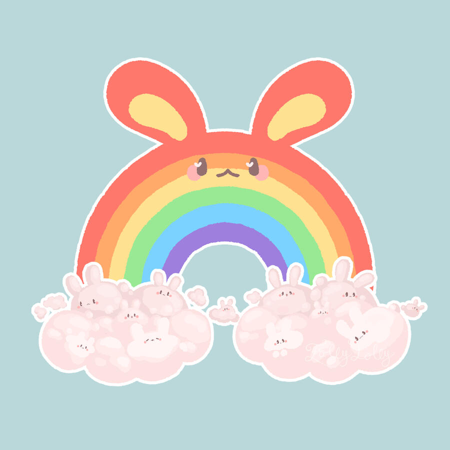 Rainbun (2021) A drawing of a rainbow with bunny eats peeking over rabbit-shaped clouds