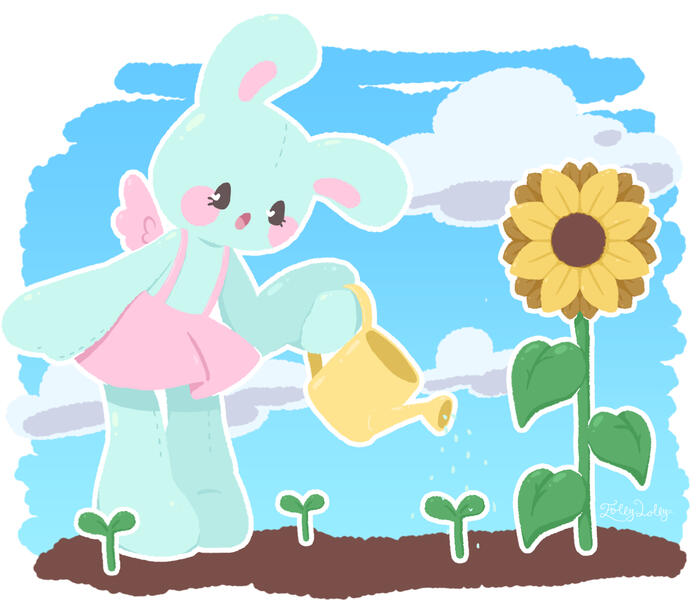 Stardew Lolly Drawing of a mint green rabbit watering sunflowers