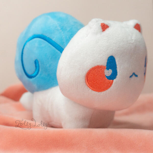 Snowball Snitten A white plush snail-cat with a blue shell