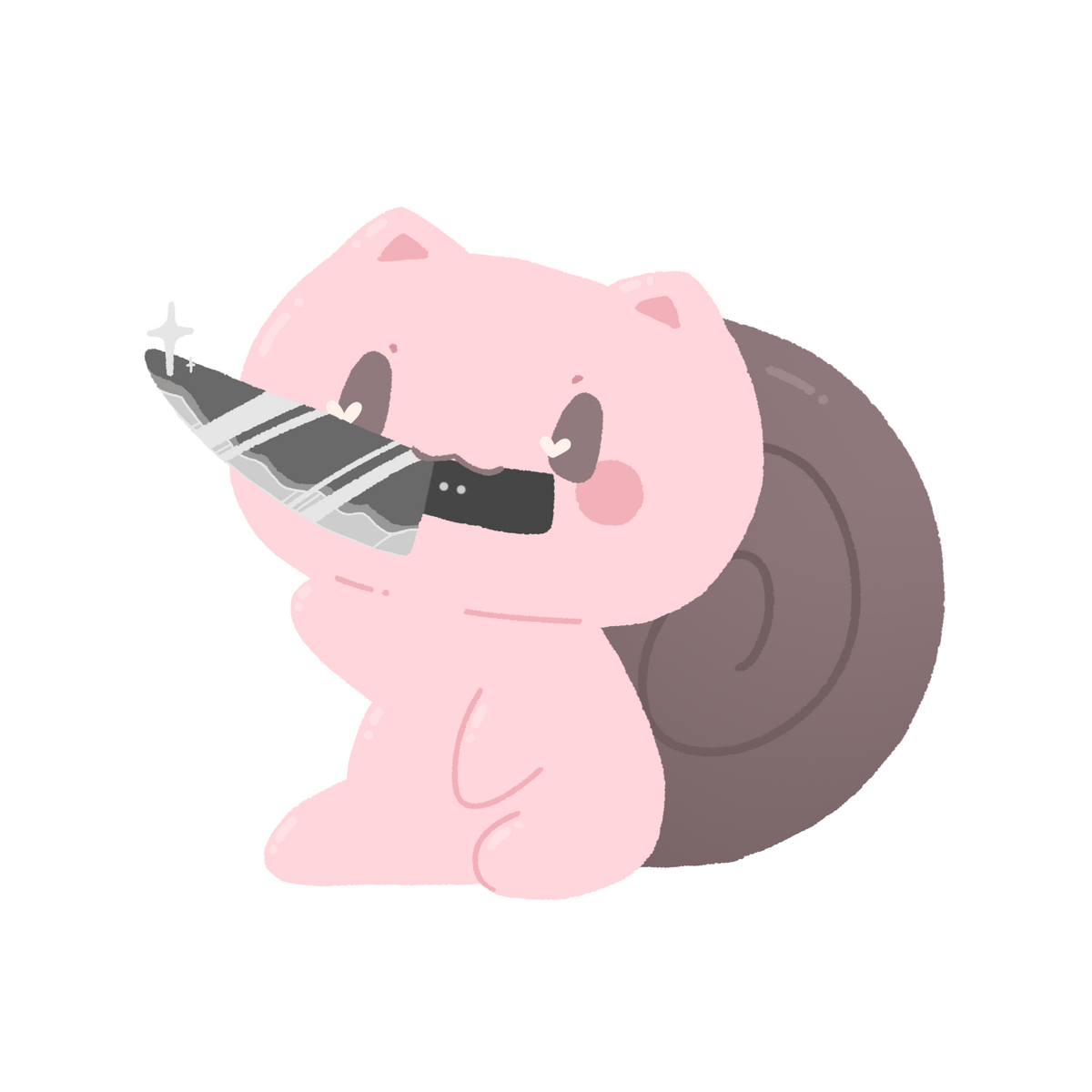 drawing of a pink snail-cat holding a knife